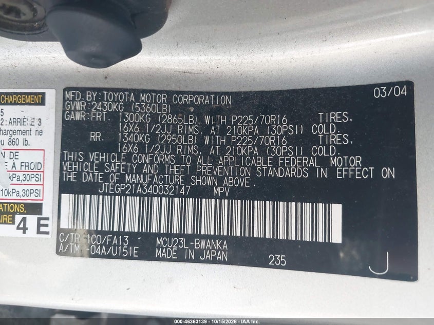 TOYOTA HIGHLANDER 2004 VIN JTEGP21A340032147