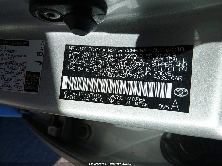 TOYOTA PRIUS 2010 VIN JTDKN3DU6A0170079