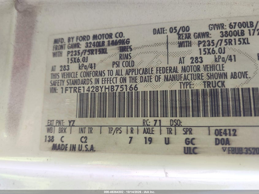 FORD E-150 2000 VIN 1FTRE1428YHB75166