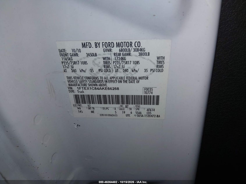 FORD F-150 2010 VIN 1FTEX1C84AKE66268