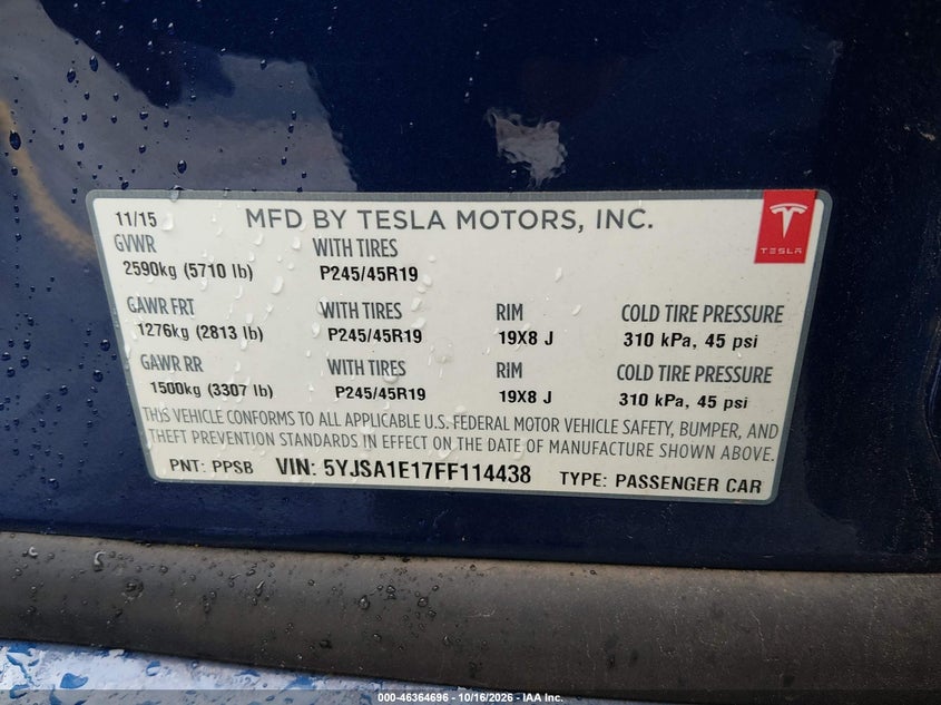 TESLA MODEL S 2015 VIN 5YJSA1E17FF114438