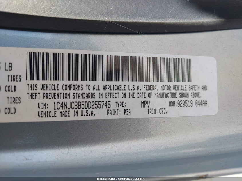 JEEP COMPASS 2013 VIN 1C4NJCBB5DD255745