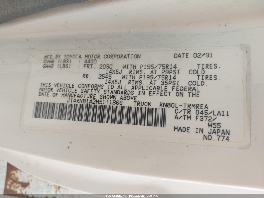 TOYOTA PICKUP 1991 VIN JT4RN81A2M5111866