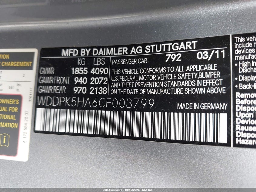 MERCEDES-BENZ SLK 350 2012 VIN WDDPK5HA6CF003799