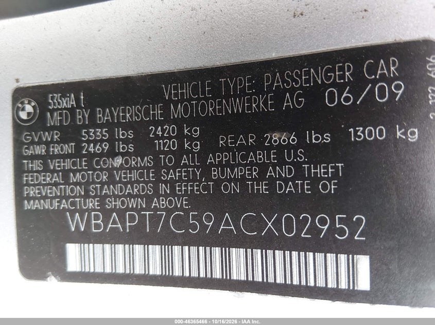BMW 535I 2010 VIN WBAPT7C59ACX02952