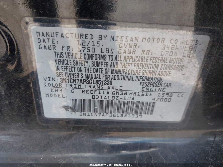 2016 NISSAN VERSA 1.6 S/1.6 S+/1.6 SL/1.6 SV · Фото 9