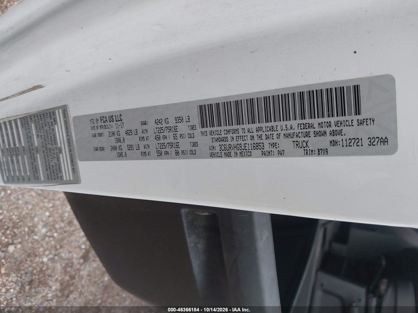 Vin: 3c6urvhg9je116853, lot: 46866499, ram promaster 3500 high roof 159 wb 20184