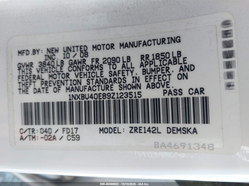TOYOTA COROLLA 2009 VIN 1NXBU40E89Z123515