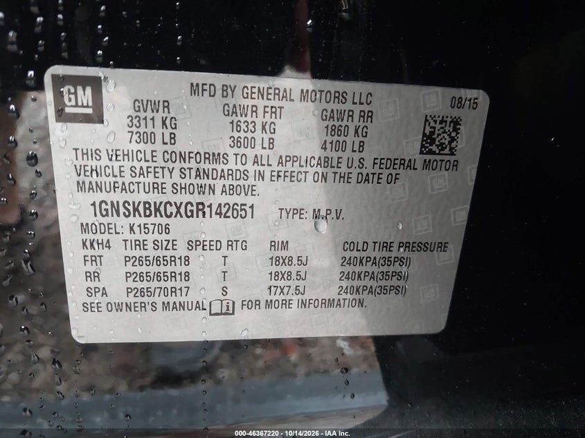 CHEVROLET TAHOE 2016 VIN 1GNSKBKCXGR142651