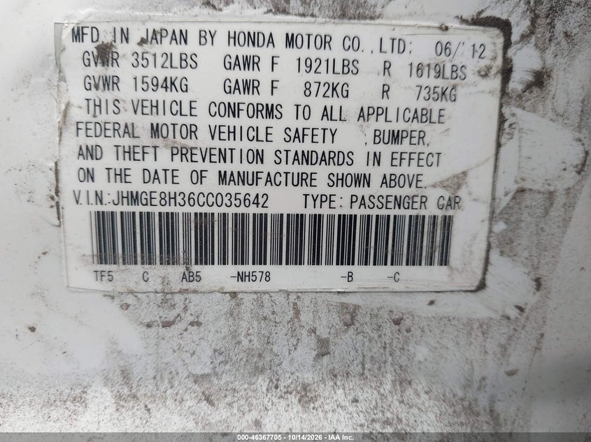 HONDA FIT 2012 VIN JHMGE8H36CC035642