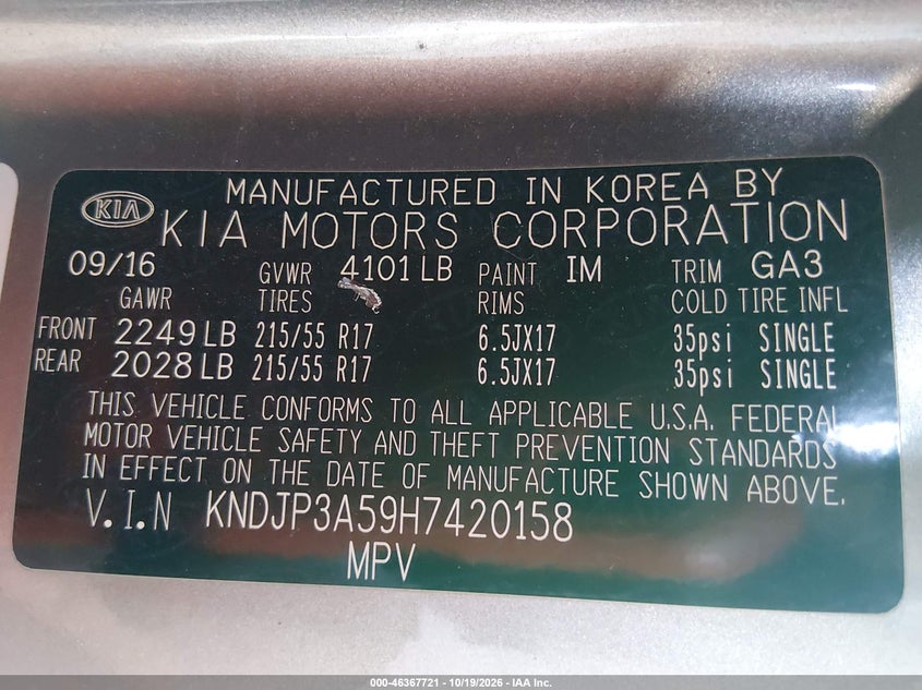 KIA SOUL 2017 VIN KNDJP3A59H7420158