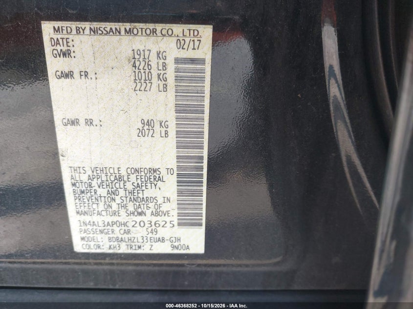 NISSAN ALTIMA 2017 VIN 1N4AL3AP0HC203625