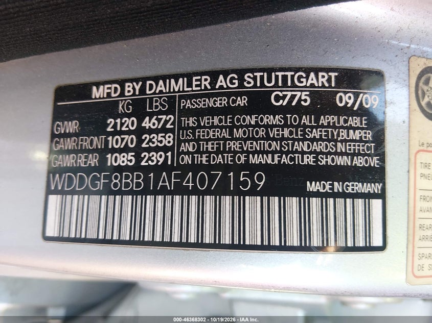 MERCEDES-BENZ C 300 2010 VIN WDDGF8BB1AF407159