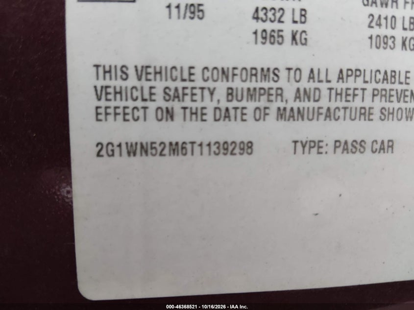 CHEVROLET LUMINA 1996 VIN 2G1WN52M6T1139298