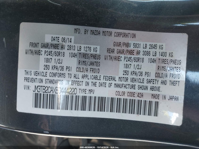 MAZDA CX-9 2014 VIN JM3TB2CAXE0444220