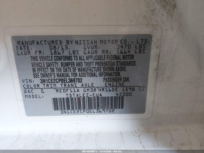 NISSAN VERSA NOTE 2014 VIN 3N1CE2CP0EL369702