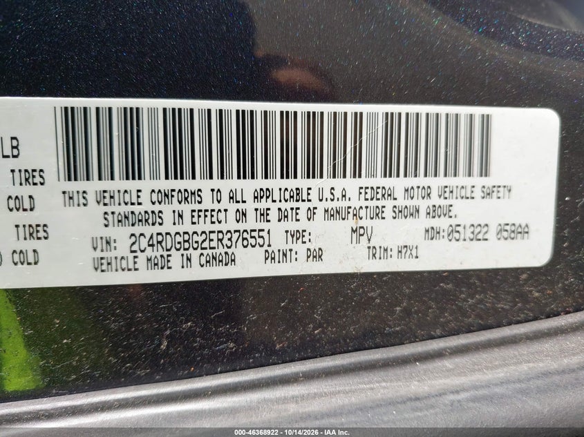 DODGE GRAND CARAVAN 2014 VIN 2C4RDGBG2ER376551
