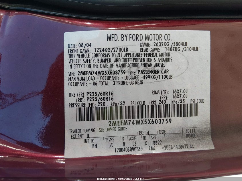 MERCURY GRAND MARQUIS 2005 VIN 2MEFM74WX5X603759