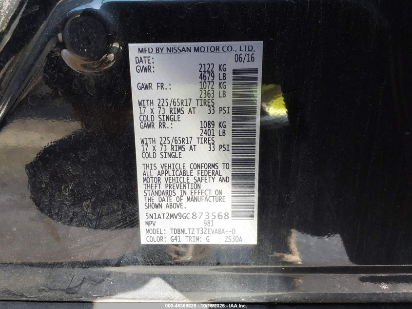 NISSAN ROGUE 2016 VIN 5N1AT2MV9GC873568