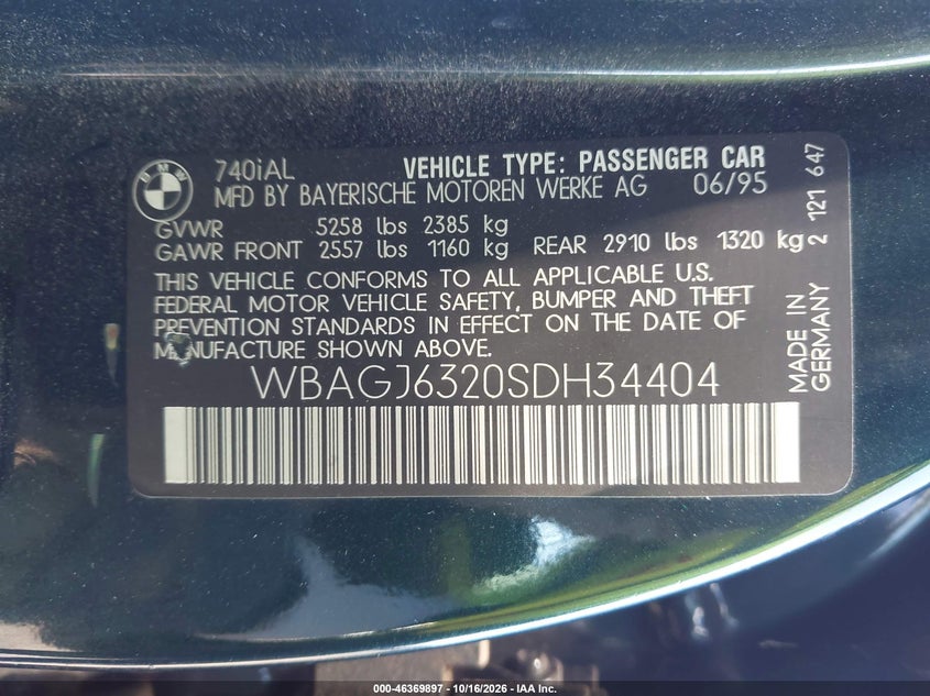 BMW 740 1995 VIN WBAGJ6320SDH34404