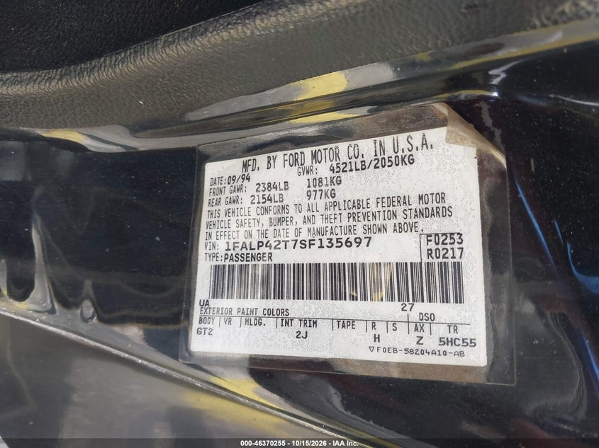 FORD MUSTANG 1995 VIN 1FALP42T7SF135697