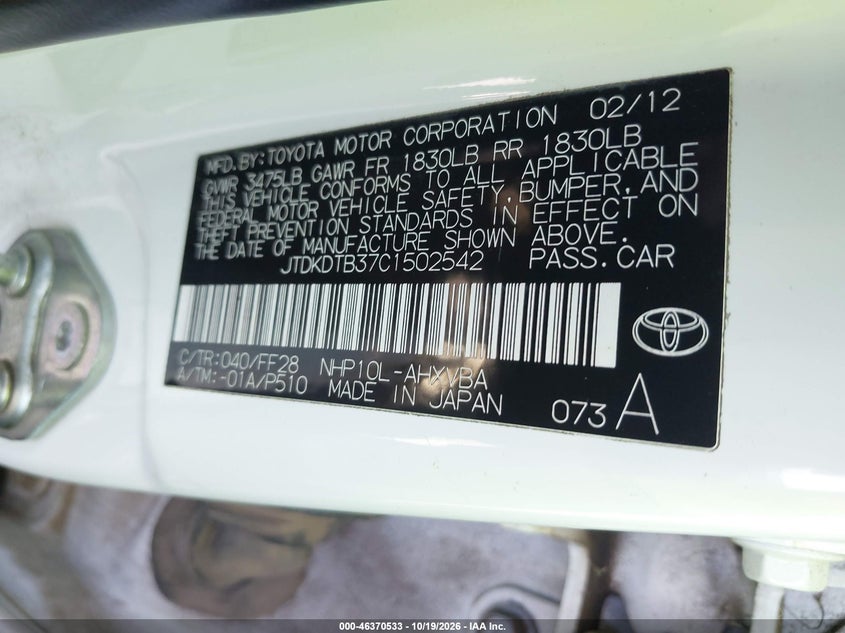 TOYOTA PRIUS C 2012 VIN JTDKDTB37C1502542