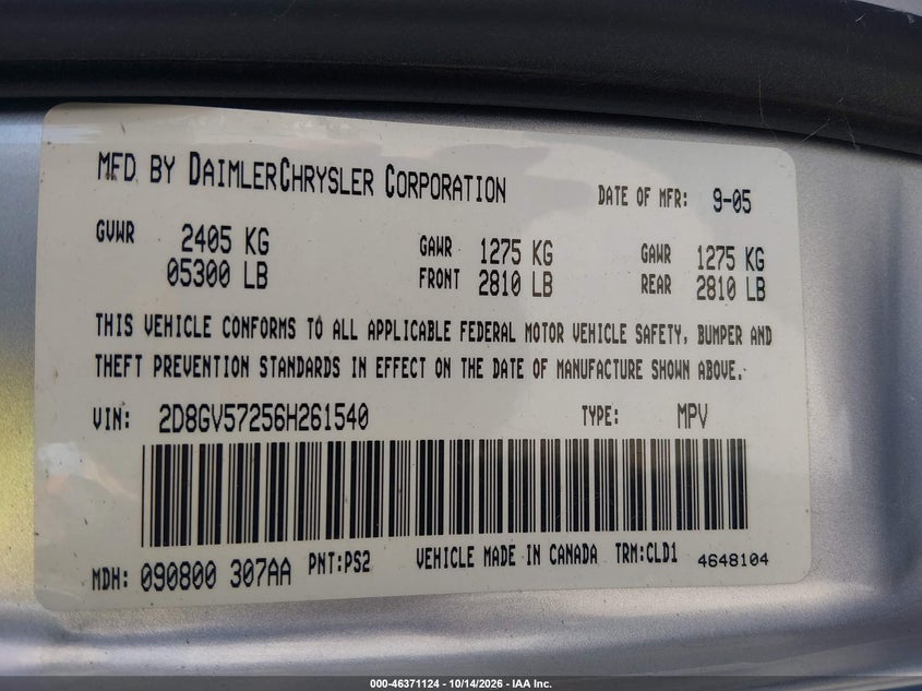 DODGE MAGNUM 2006 VIN 2D8GV57256H261540