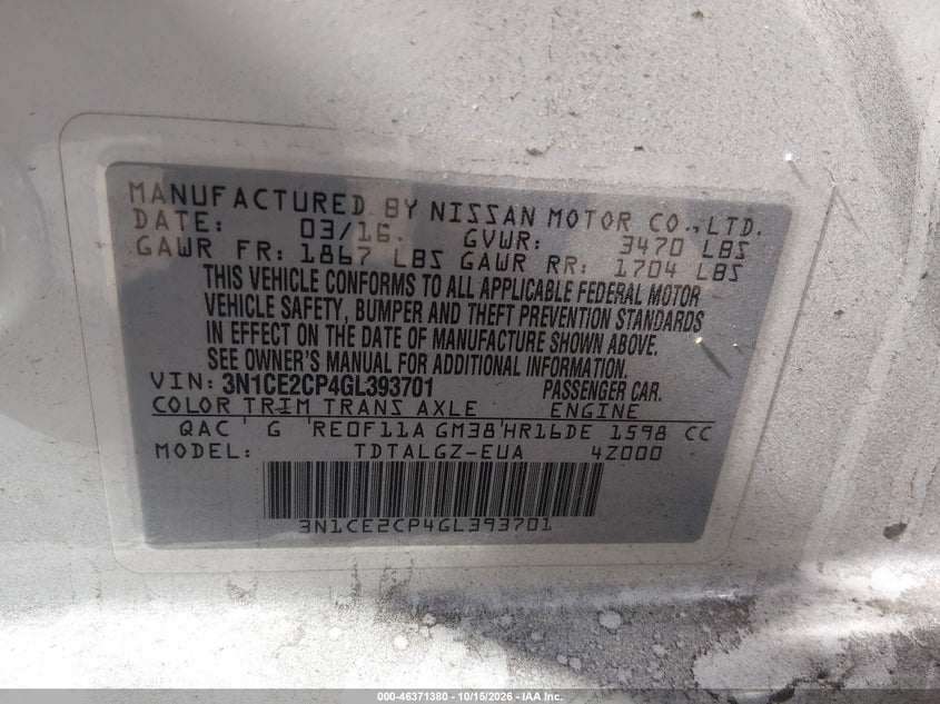 NISSAN VERSA NOTE 2016 VIN 3N1CE2CP4GL393701