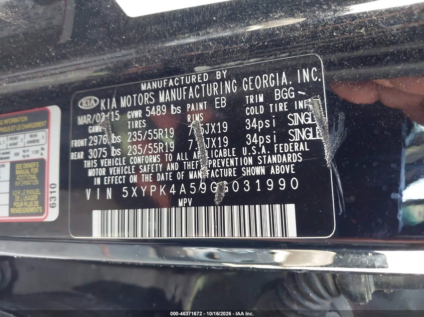 KIA SORENTO 2016 VIN 5XYPK4A59GG031990