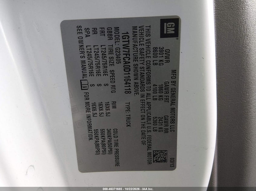 GMC SAVANA 2500 2013 VIN 1GTW7FCA0D1164118
