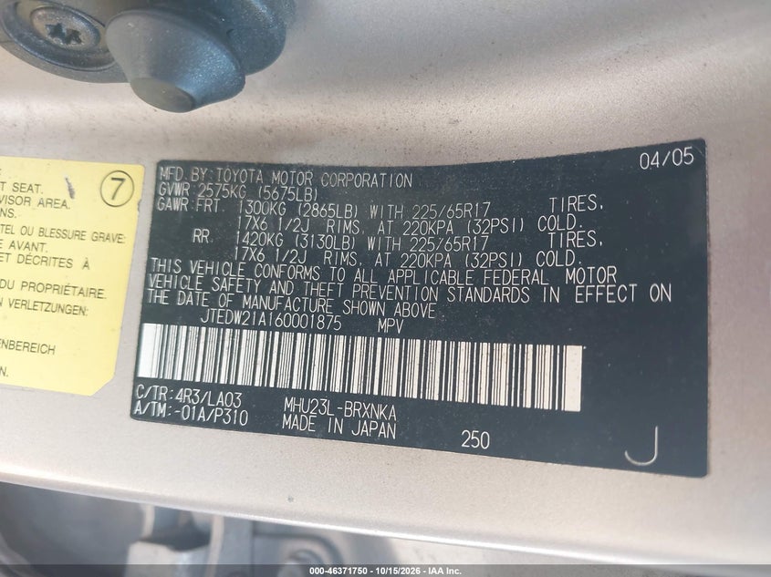 TOYOTA HIGHLANDER HYBRID 2006 VIN JTEDW21A160001875