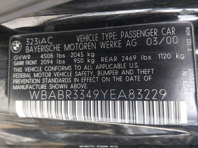 BMW 323CI 2000 VIN WBABR3349YEA83229