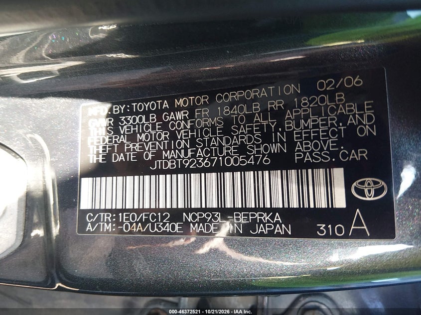 TOYOTA YARIS 2007 VIN JTDBT923671005476