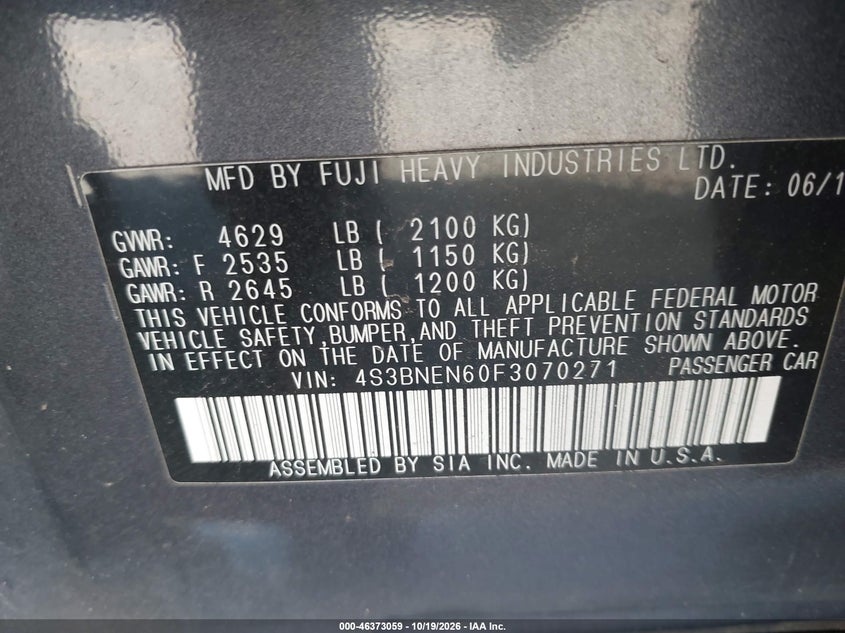 SUBARU LEGACY 2015 VIN 4S3BNEN60F3070271