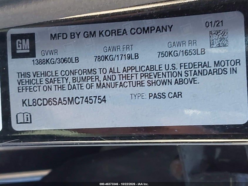 CHEVROLET SPARK 2021 VIN KL8CD6SA5MC745754