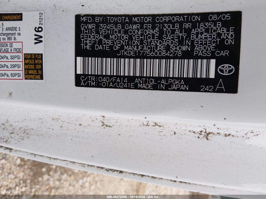 SCION TC 2006 VIN JTKDE177560084278