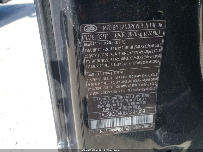 LAND-ROVER RANGE ROVER SPORT 2011 VIN SALSK2D40BA297059