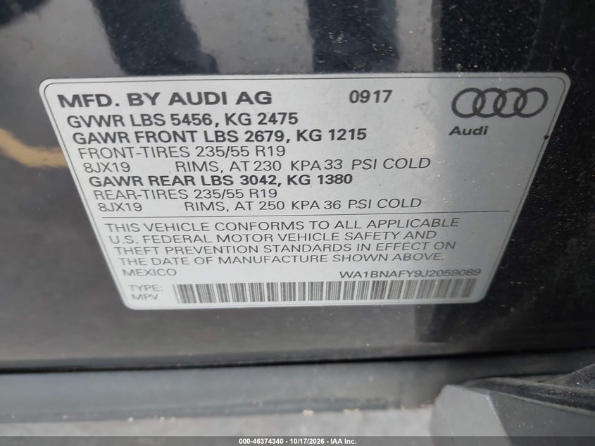 AUDI Q5 2018 VIN WA1BNAFY9J2059089