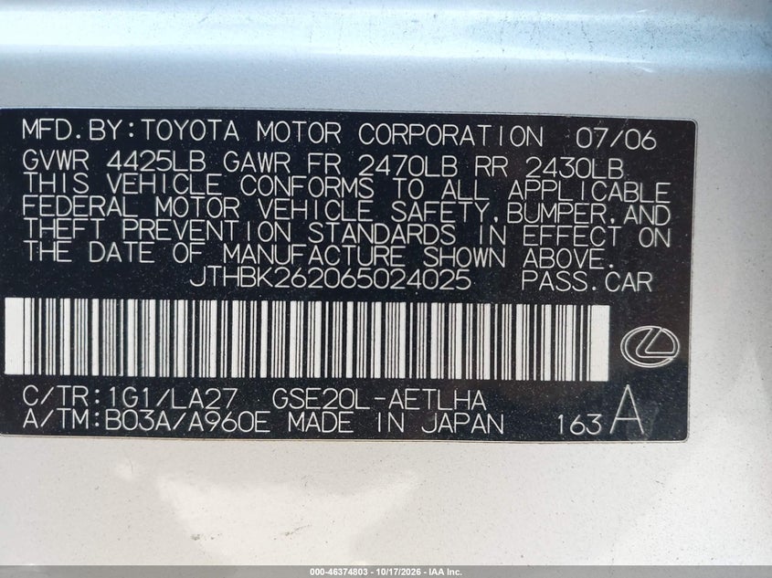 LEXUS IS 250 2006 VIN JTHBK262065024025