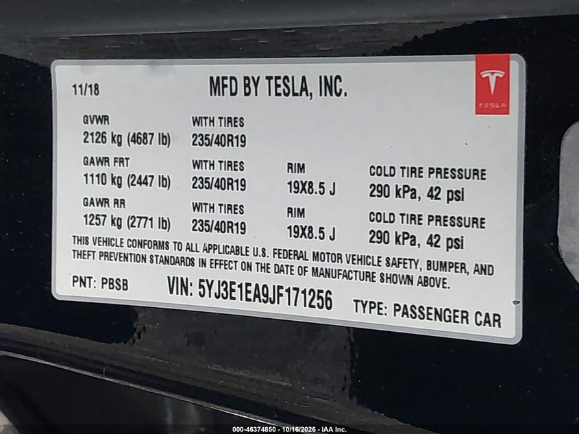 2018 TESLA MODEL 3 LONG RANGE/MID RANGE