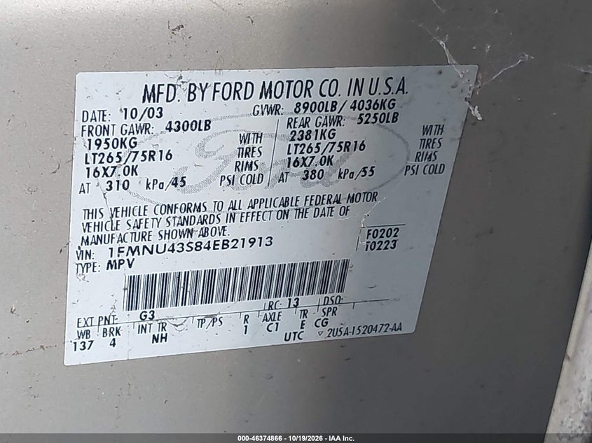 FORD EXCURSION 2004 VIN 1FMNU43S84EB21913