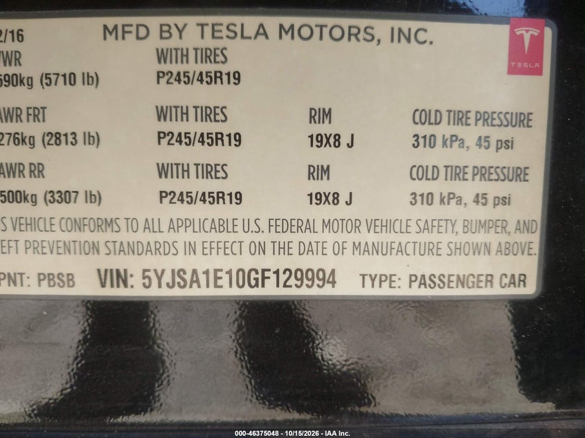 TESLA MODEL S 2016 VIN 5YJSA1E10GF129994