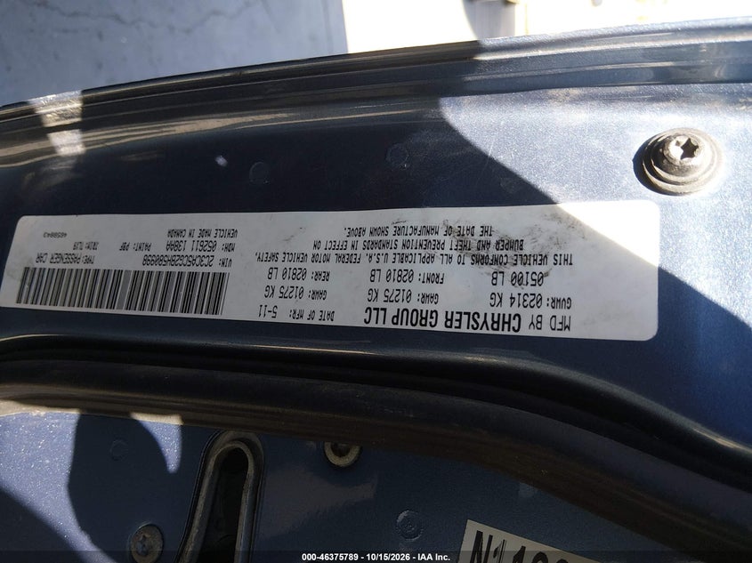 CHRYSLER 300 2011 VIN 2C3CA5CG2BH580998
