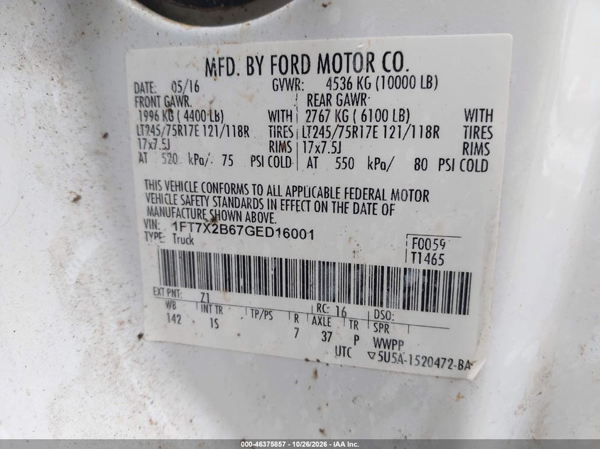 FORD F-250 2016 VIN 1FT7X2B67GED16001