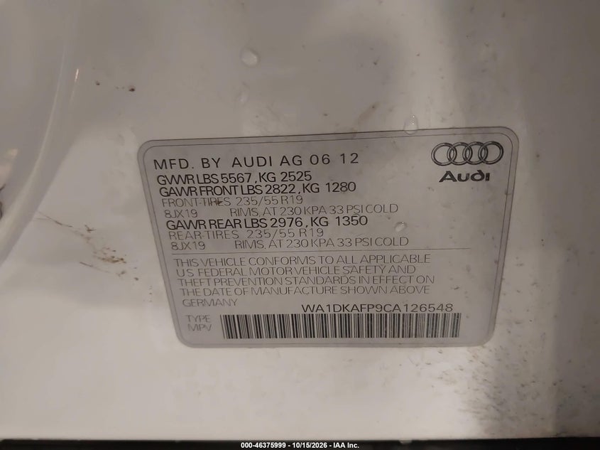 AUDI Q5 2012 VIN WA1DKAFP9CA126548