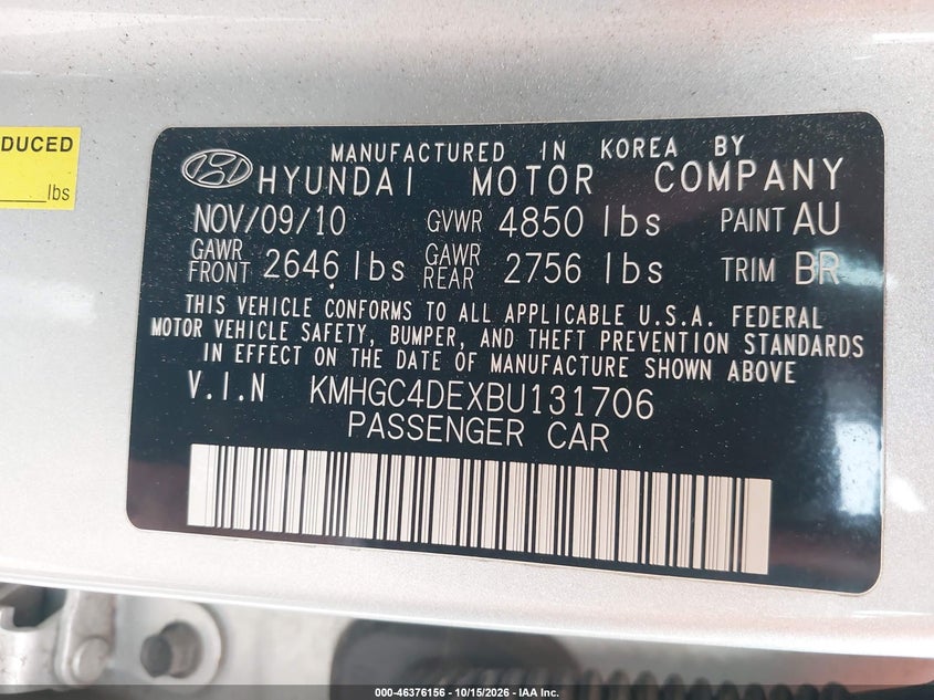 HYUNDAI GENESIS 2011 VIN KMHGC4DEXBU131706