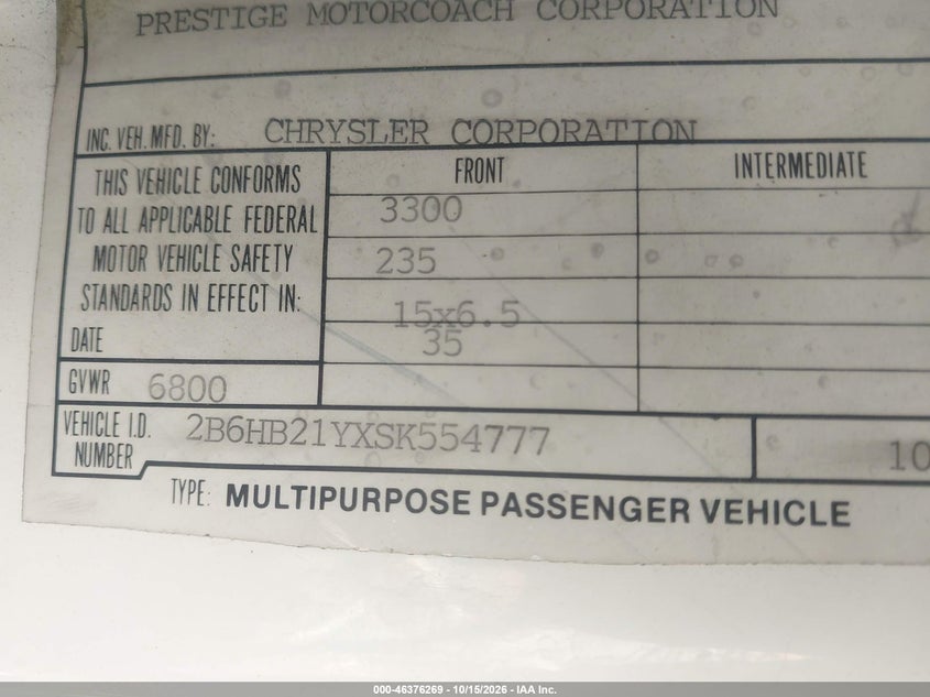 DODGE RAM VAN 1995 VIN 2B6HB21YXSK554777