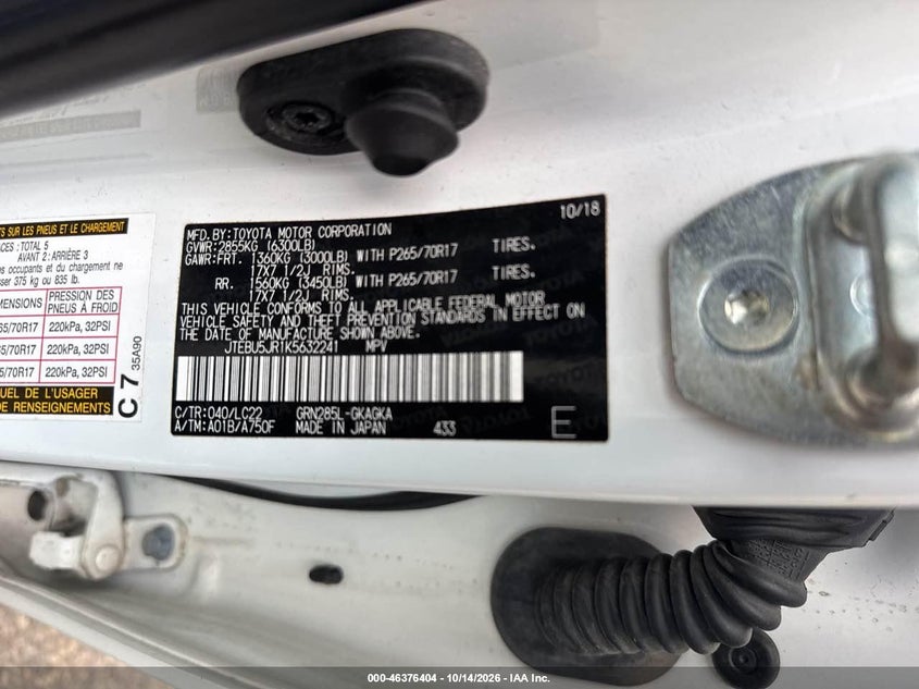 TOYOTA 4RUNNER 2019 VIN JTEBU5JR1K5632241