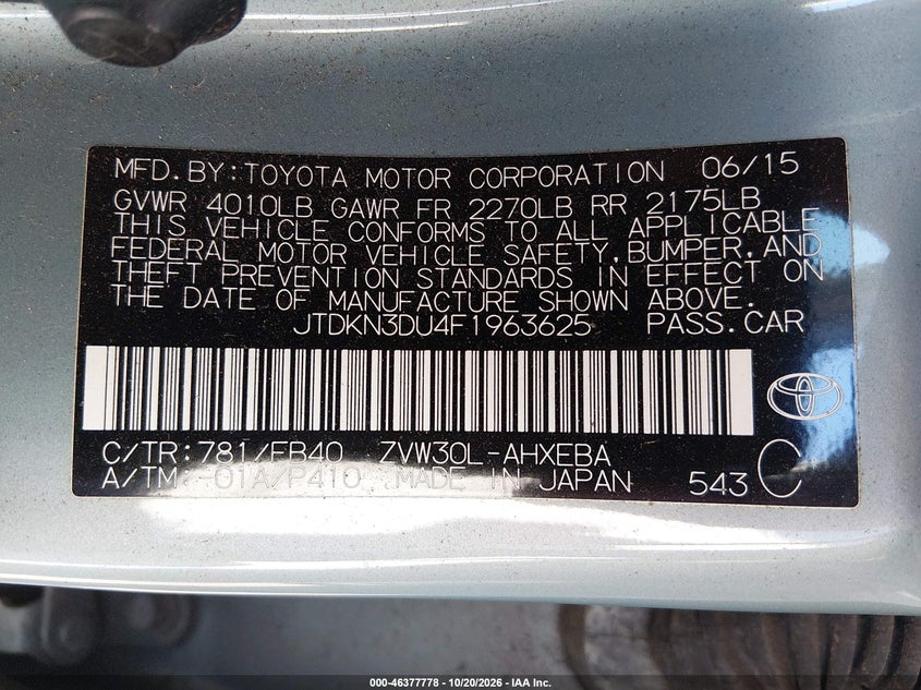 TOYOTA PRIUS 2015 VIN JTDKN3DU4F1963625