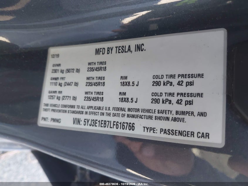 TESLA MODEL 3 2020 VIN 5YJ3E1EB7LF616766